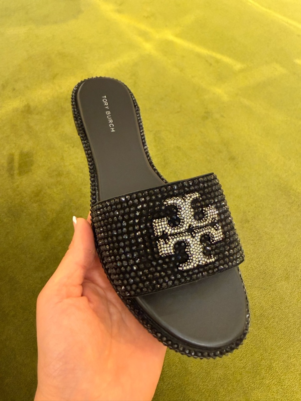 Tory Burch Everly Crystal Logo Rhinestone Slide Sandals, Black / Clear / Silver - Picture 3 of 6